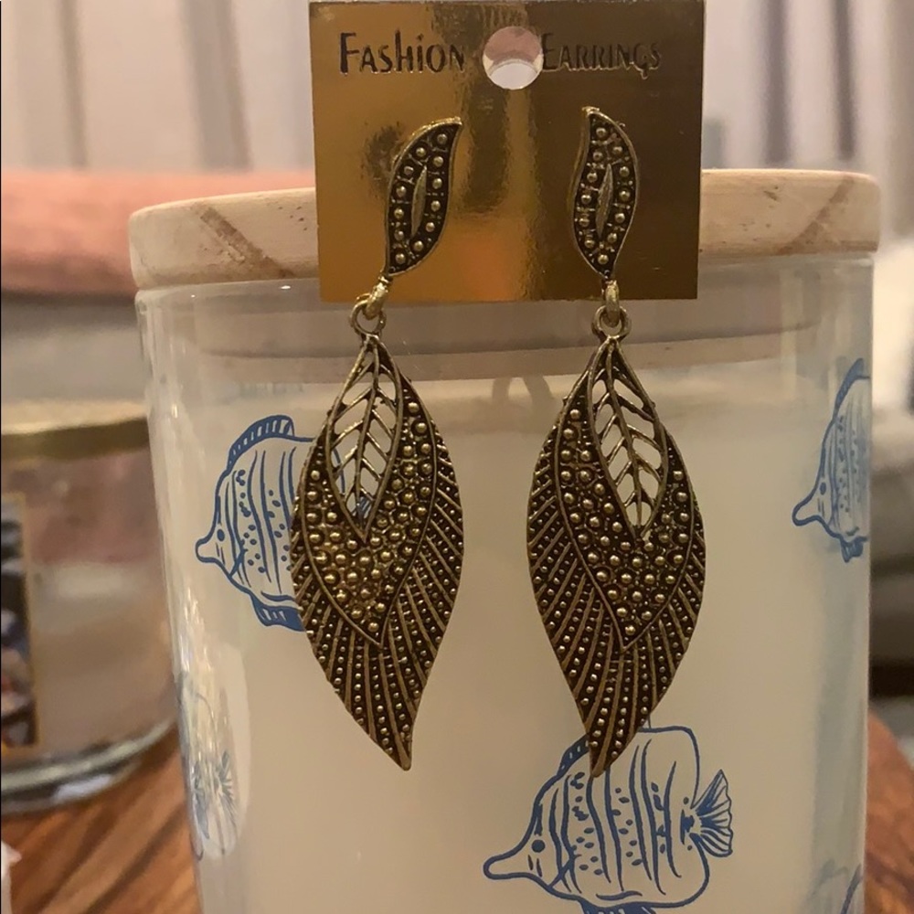 Long leaves earrings copper gold